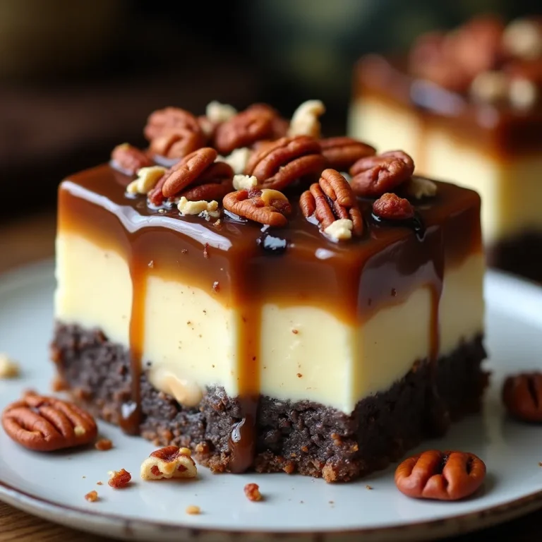 Heavenly Caramel Pecan Turtle Cheesecake Bars